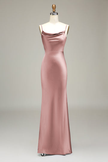 ZAPAKA Women Dusty Rose Satin Long Bridesmaid Dress Sheath Spaghetti Straps Wedding Guest Dress